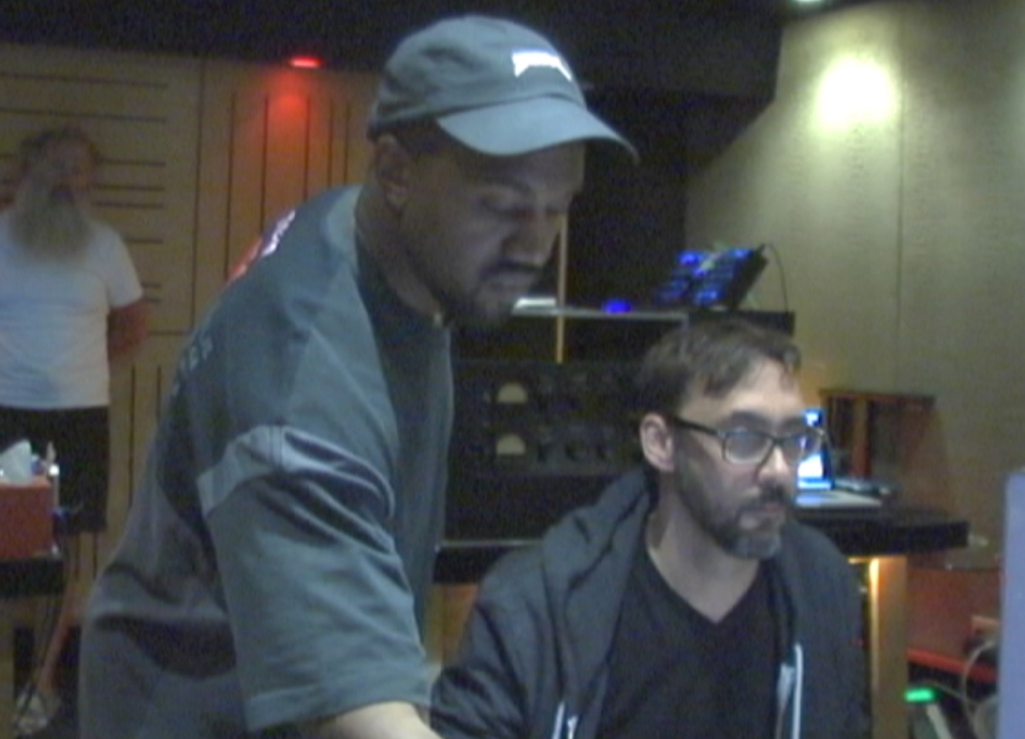 Rick Rubin, Kanye West, and Anthony Kilhoffer in the control room